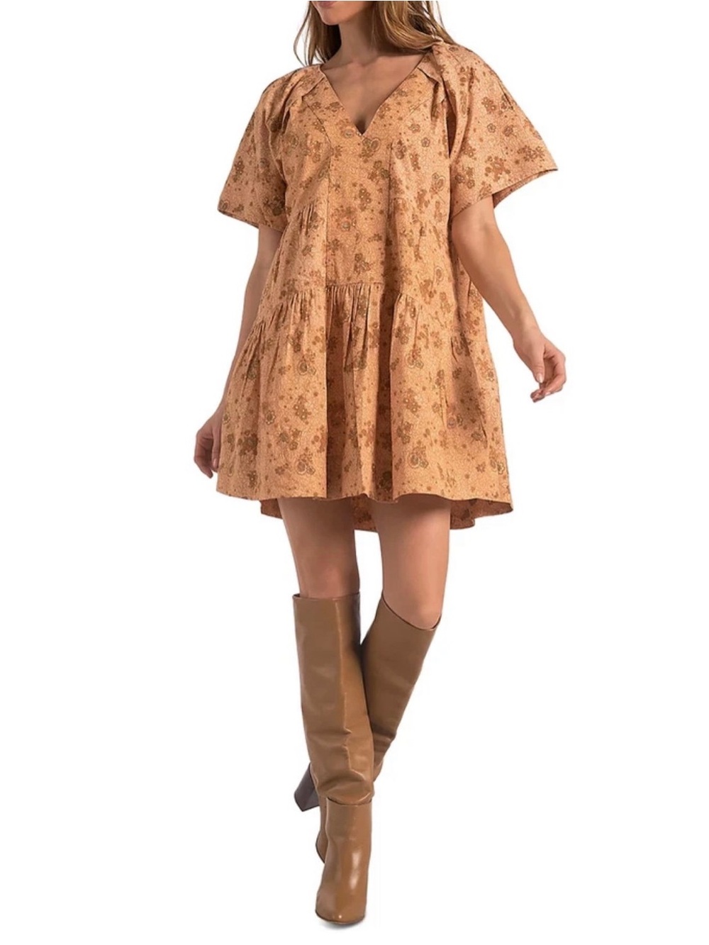 Elan Yellow Floral V-Neck Tiered Mini Dress